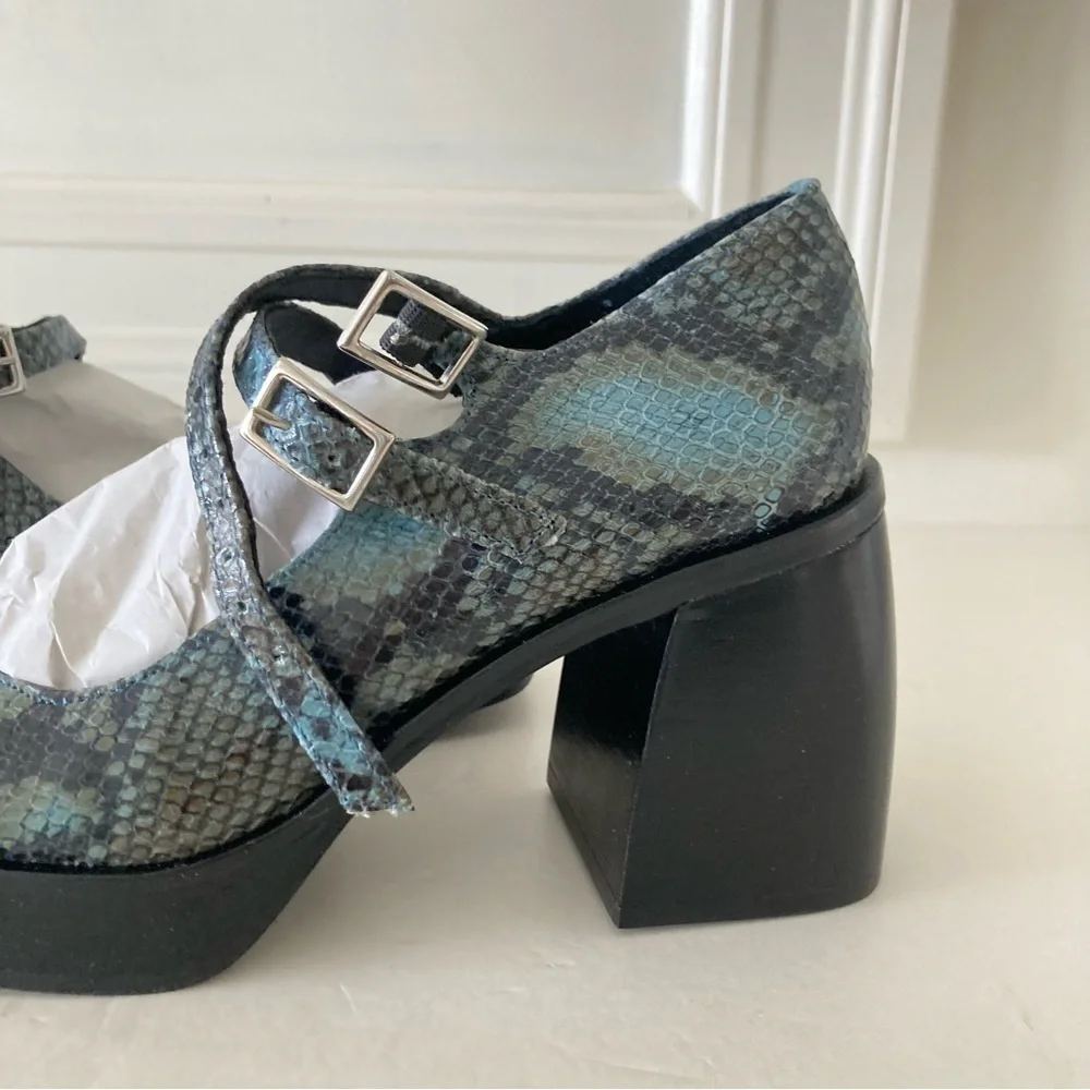 NWOT Free People Ruby Double Strap MJ Platforms Blue Snake Print Sz 38